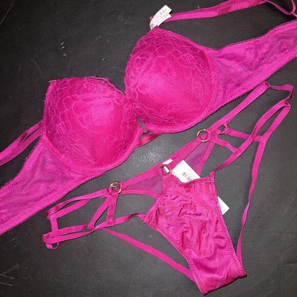 Victoria's Secret 34A BRA SET S cutout strappy Panty OUTRAGEOUS HOT PINK Lace - Picture 1 of 3